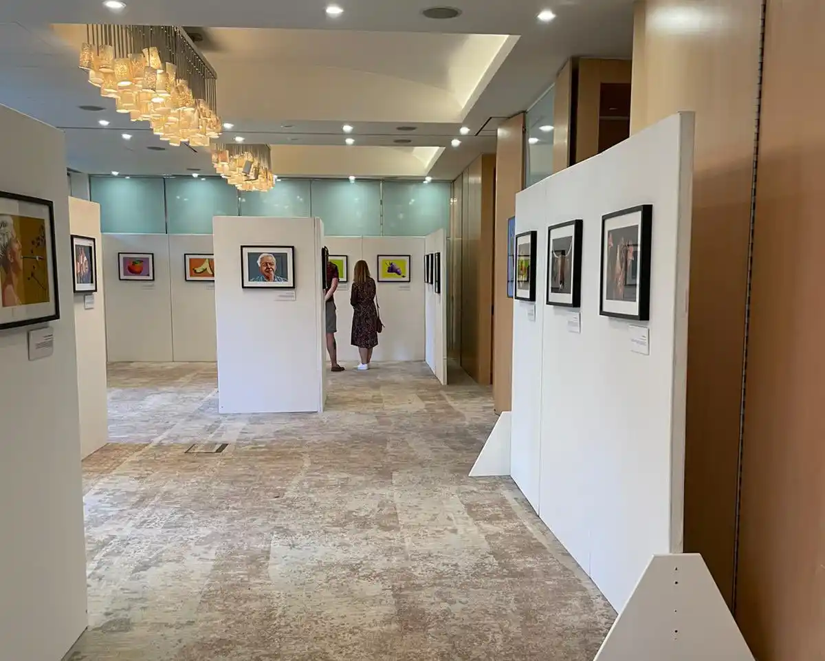 Art gallery with art work hung on free standing temporary stands